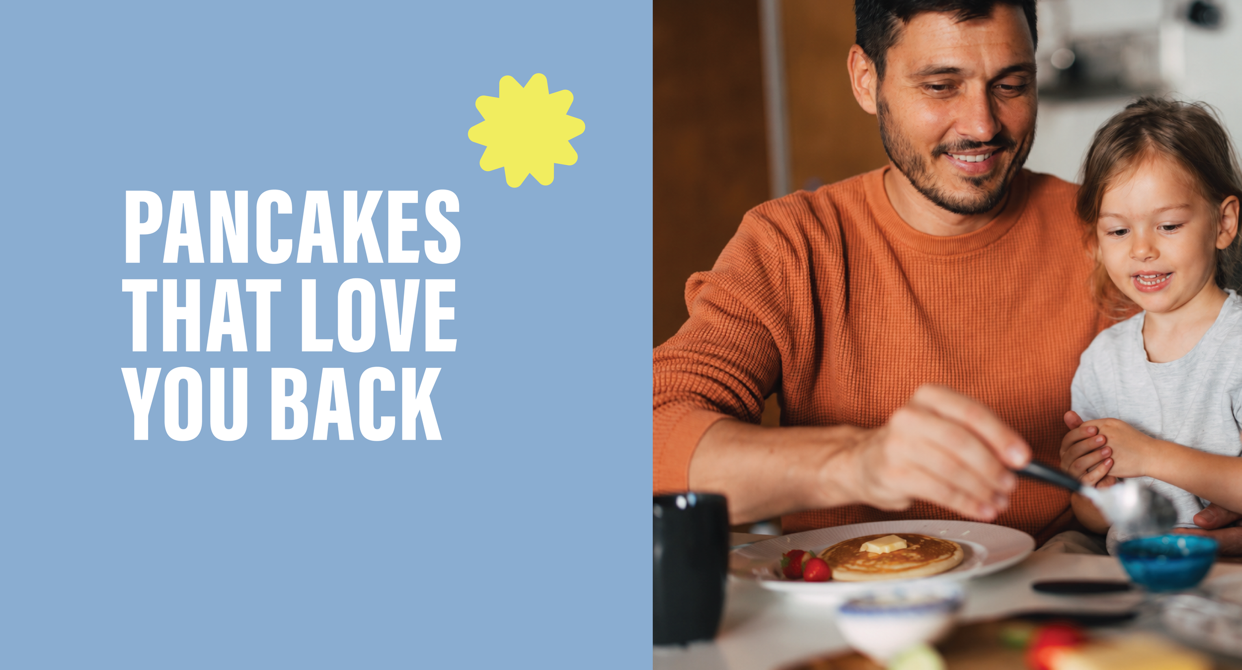 A man and a young girl enjoying breakfast together, with pancakes on the table.