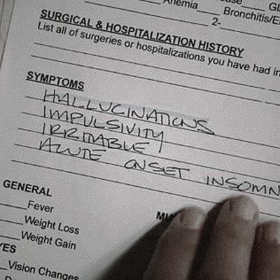 A medical document showing a section for surgical and hospitalization history, with handwritten symptoms including hallucinations, impulsivity, irritable, and trouble on set for a patient.