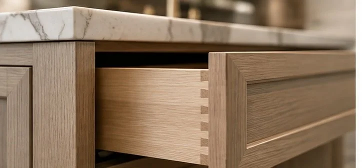Partially opened wooden kitchen drawer with dovetail joints.