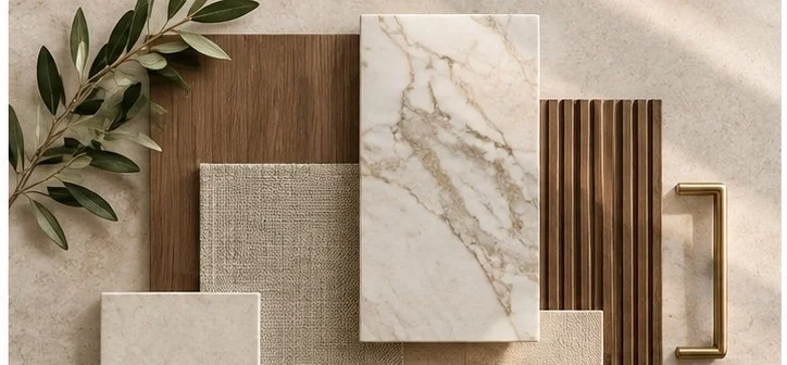 A flat lay of various interior design materials including wood, marble, fabric, and metal elements, with a branch of greenery on the top left.