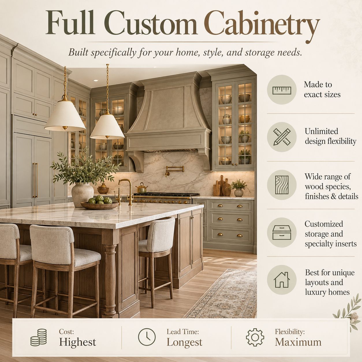 A kitchen with custom cabinetry, kitchen island, and a range hood above the stove. Features include glass-front cabinets, a marble countertop, brass fixtures, and contemporary decor.