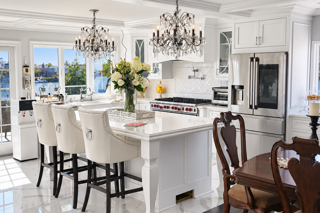 Bright, white kitchen with large island, chandelier lighting, stainless steel appliances, and a vase of white flowers on the island.