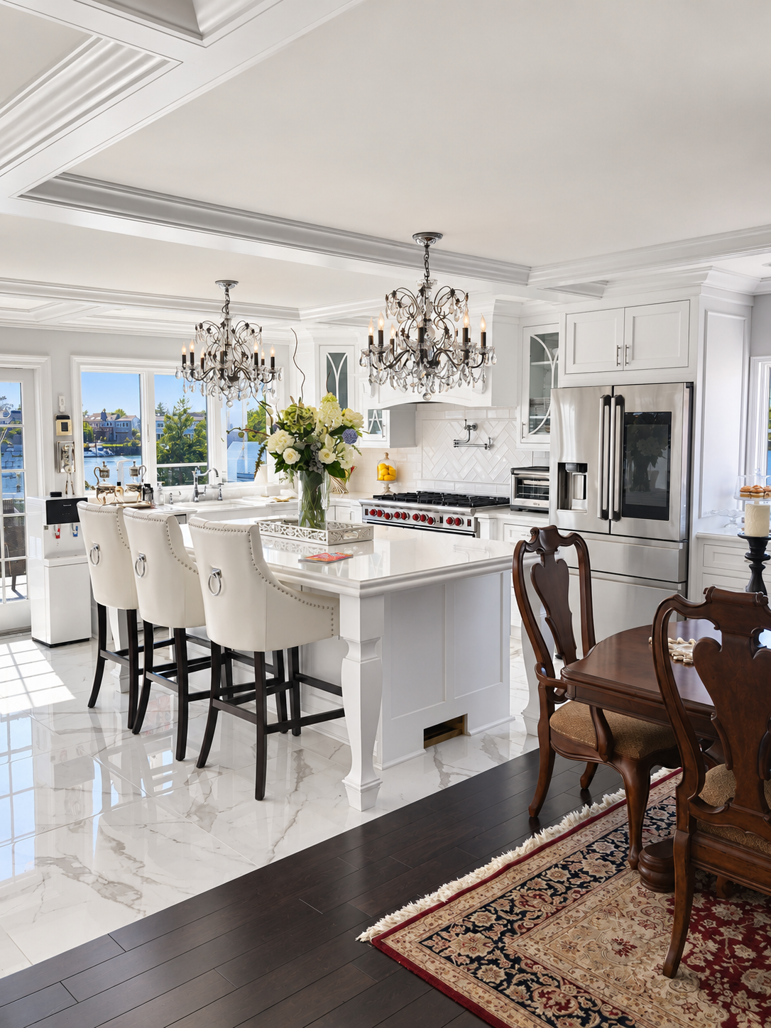 Bright kitchen with white cabinetry, a large center island with white chairs, marble flooring, three chandeliers, stainless steel appliances, a window view of the outdoors, a flower arrangement, and a wooden dining table with chairs.