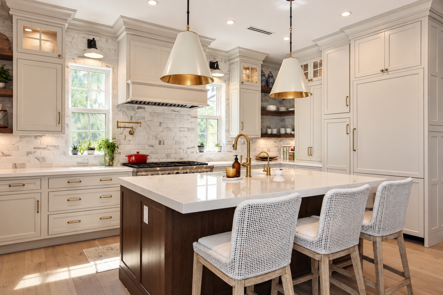 A modern kitchen with white cabinetry, a white marble backsplash, and a white island with a dark wooden base. There are three white wicker bar stools at the island. The kitchen has two large windows with greenery outside, and decorative pendant light