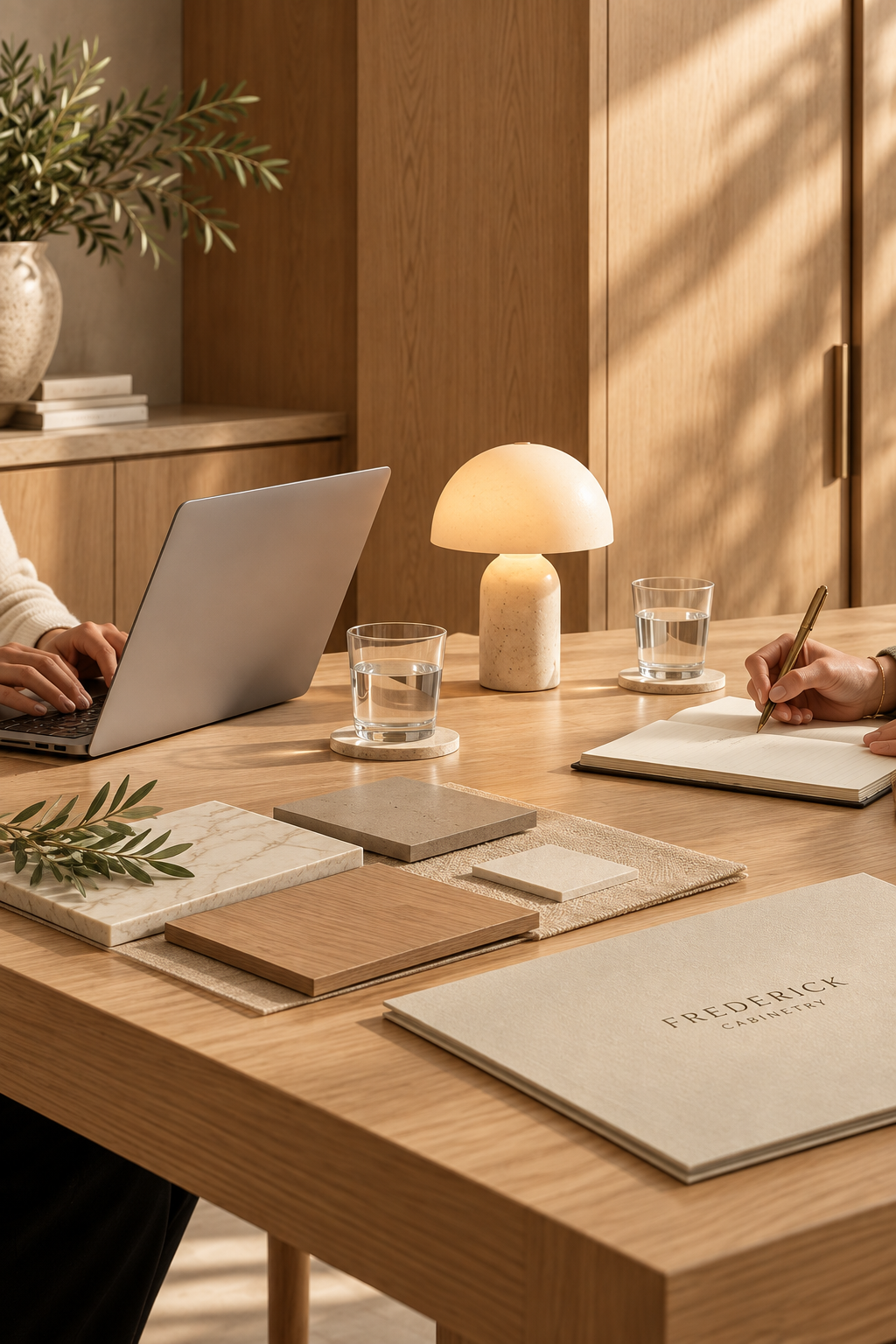 A modern wooden conference table with samples of materials, a laptop, a notebook, two glasses of water, a contemporary table lamp, and a person writing with a gold pen inside a warmly lit room with wooden cabinetry and decor.