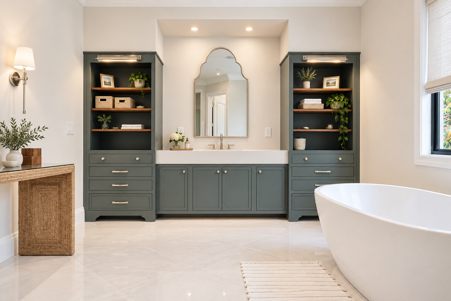 Modern bathroom with a bathtub, a double-sink vanity with a mirror, and built-in shelves with decorative items and towels, illuminated by ceiling lights and a wall-mounted lamp.