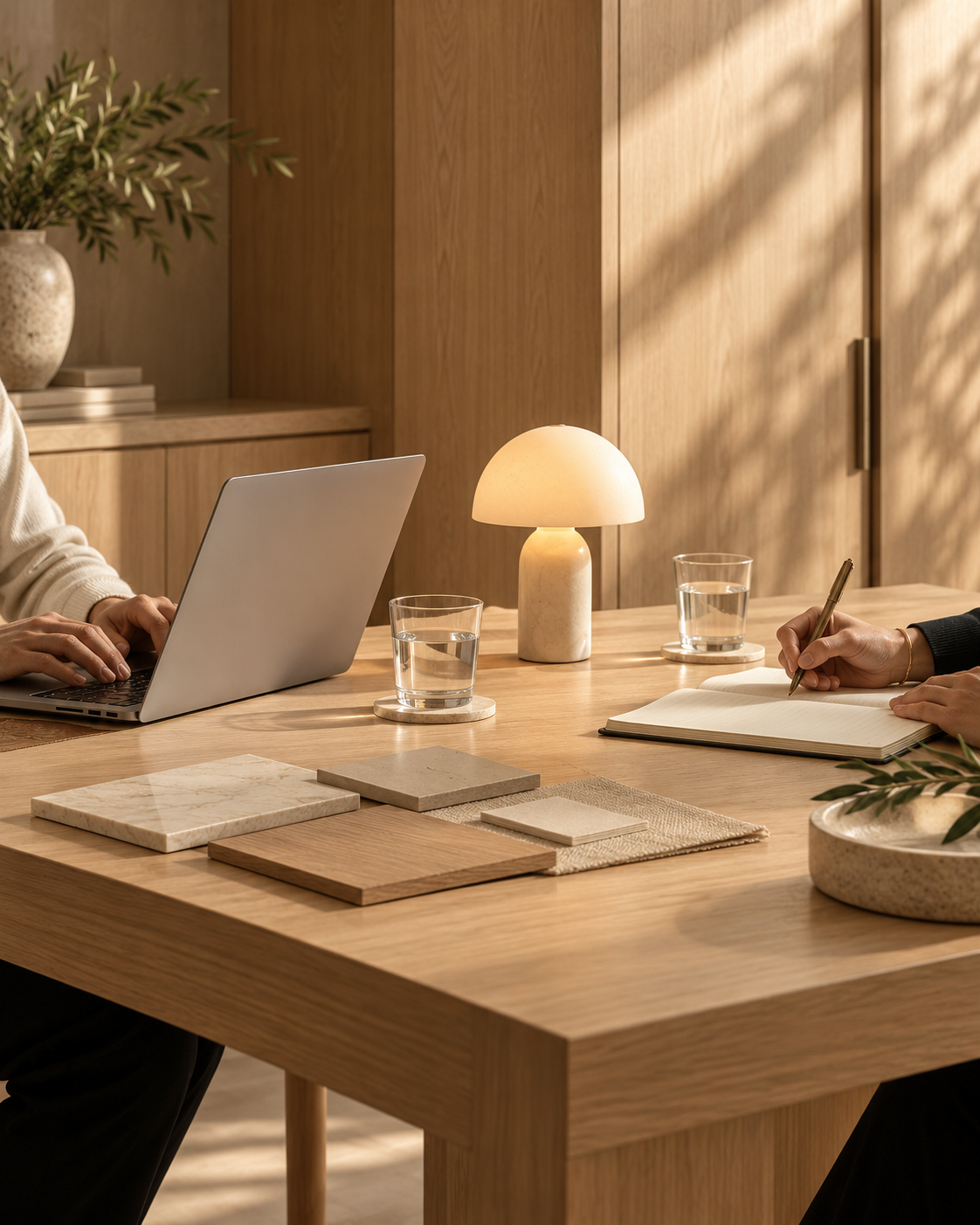 Two people working at a wooden table, one using a laptop and the other writing in a notebook, with a small lamp, glasses of water, and various samples of materials on the table, in a warmly lit room.