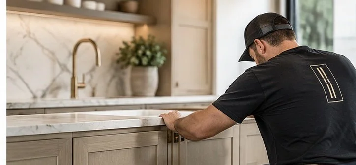 A man wearing a black T-shirt and cap is installing or repairing a cabinet drawer in a kitchen.
