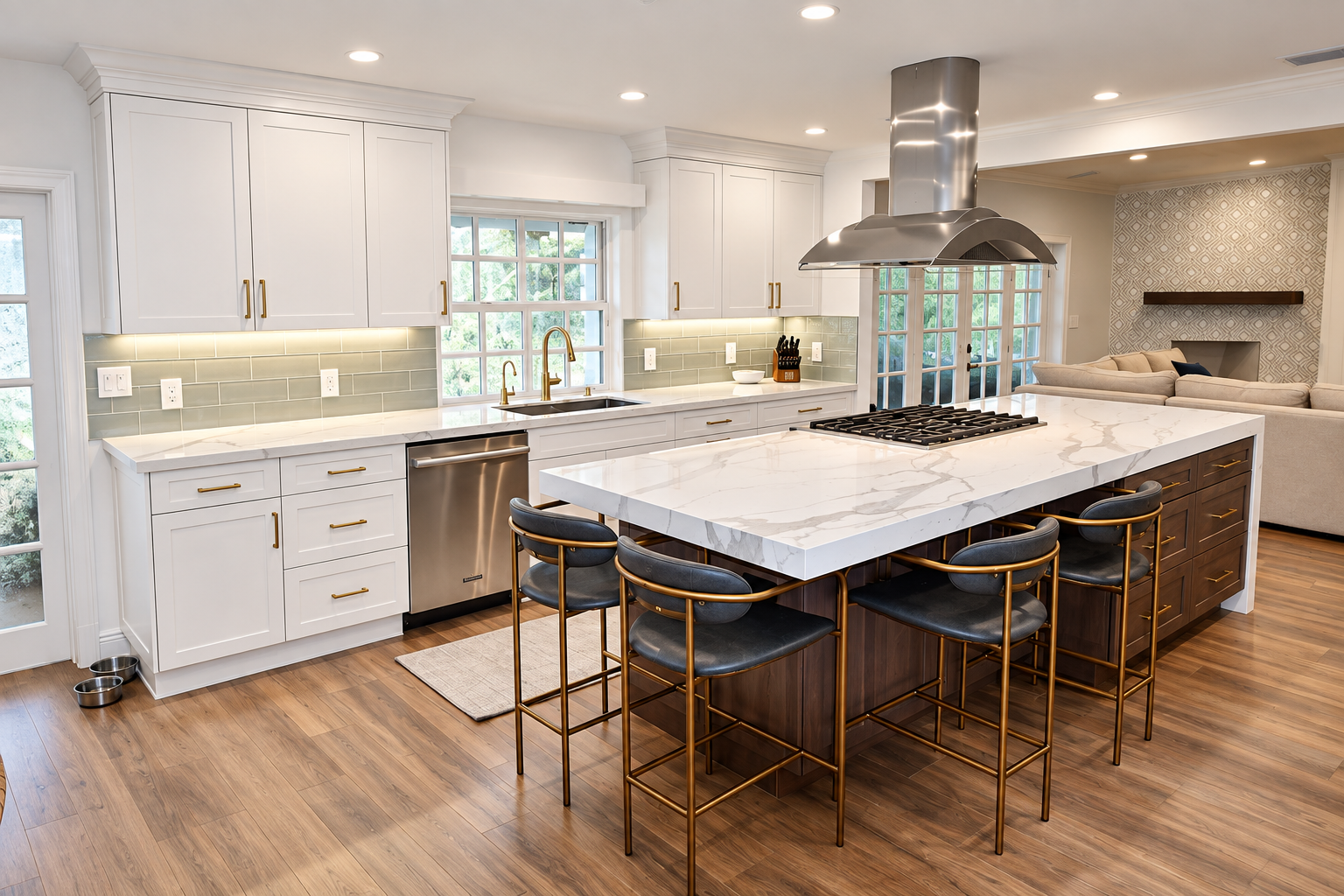 Modern kitchen with white cabinets, a large marble island, black and gold bar stools, stainless steel appliances, and hardwood floors.