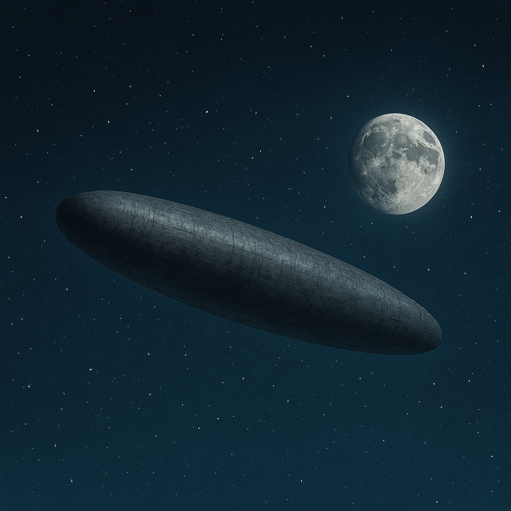 A moonlit night sky with a large full moon and a futuristic, elongated, dark gray spacecraft floating among stars.