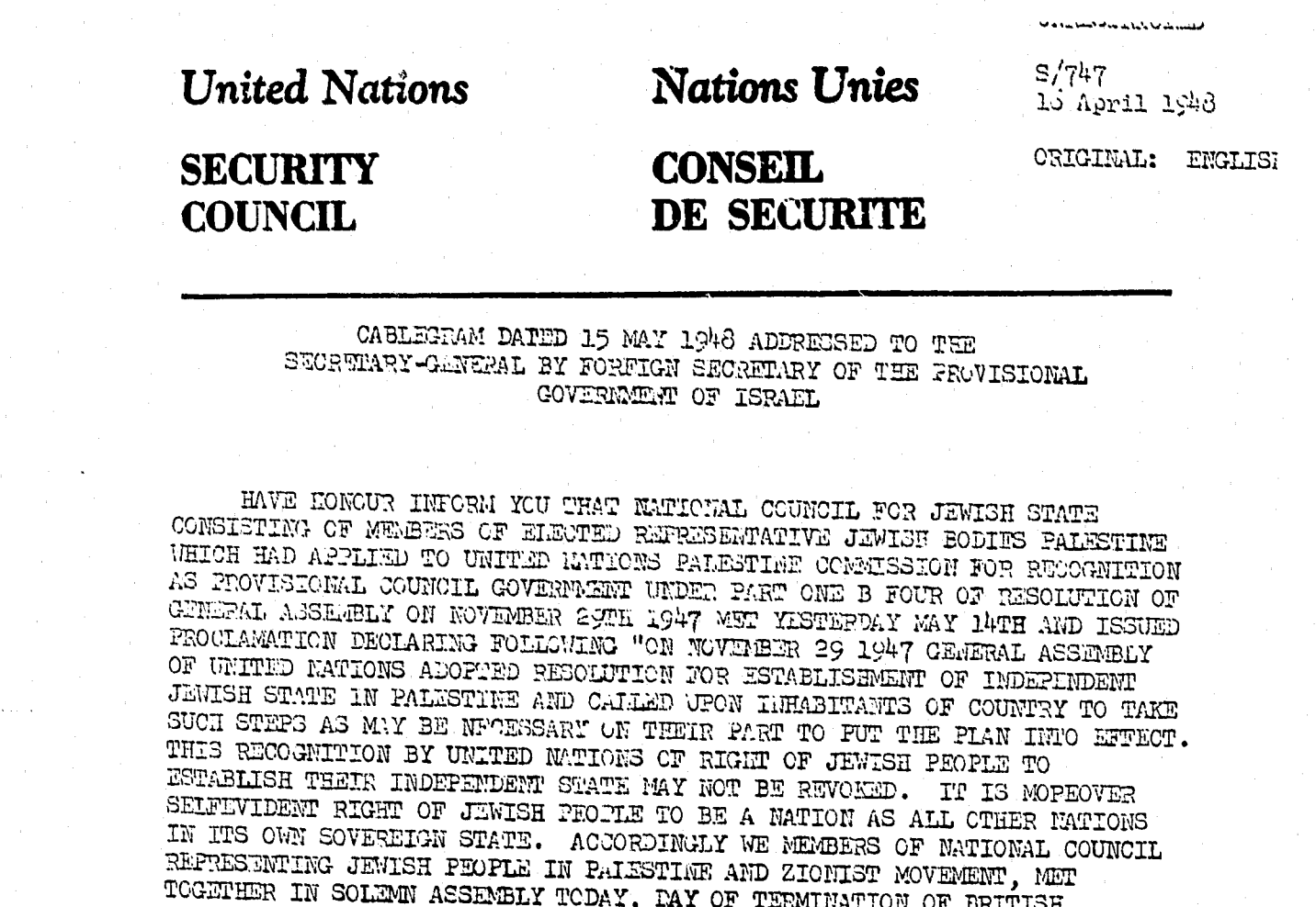 Israel’s Establishment in 1948: the Original UN Cablegram 