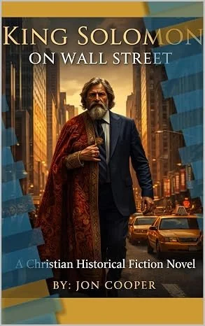 Book cover for 'King Solomon on Wall Street' by Jon Cooper, showing a man dressed in a suit and a red cloak, standing on a city street with tall buildings and taxis at sunset.