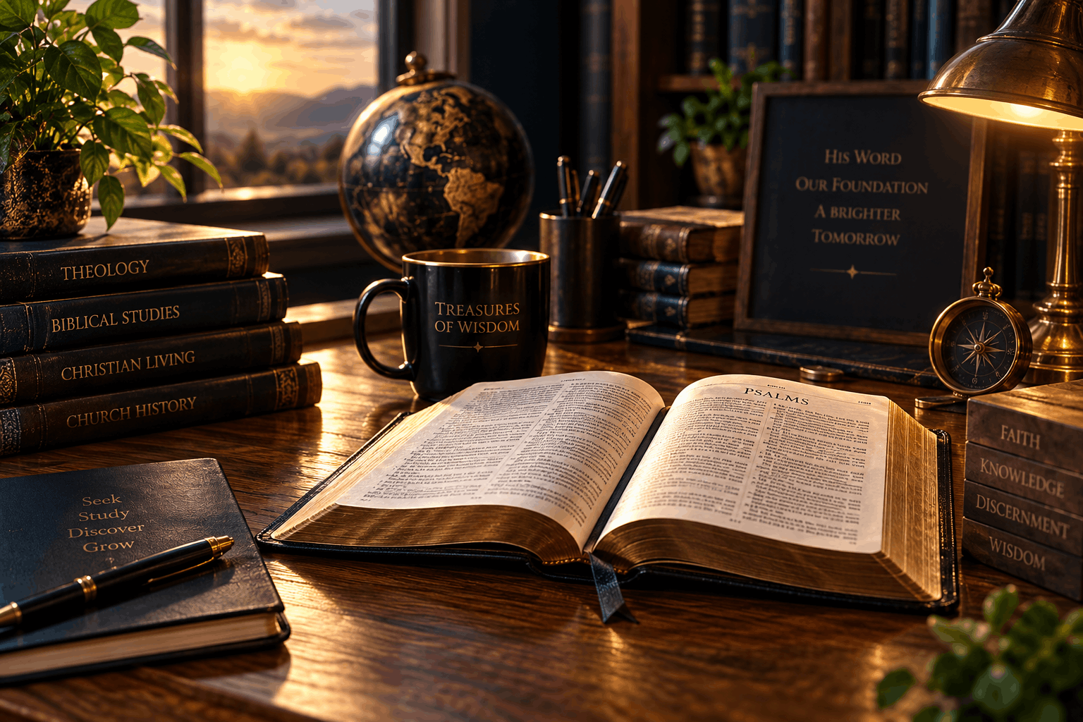 A wooden desk with an open Bible, a black notebook and pen, stacked books on theology, biblical studies, Christian living, and church history, a black mug labeled 'Treasures of Wisdom,' a globe, a framed quote about faith and tomorrow, a small potted plant, a vintage clock, and a brass desk lamp, with a sunset view outside the window.