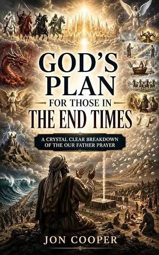 Book cover titled 'God's Plan For Those in The End Times' by Jon Cooper. The cover features a biblical scene with a man praying before a city, surrounded by angels, horses, dragons, and other apocalyptic imagery.