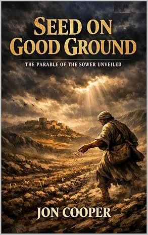 Book cover titled 'Seed on Good Ground' by Jon Cooper, featuring a person walking along a dirt path with a city in the distance under a cloudy sky with rays of sunlight breaking through.