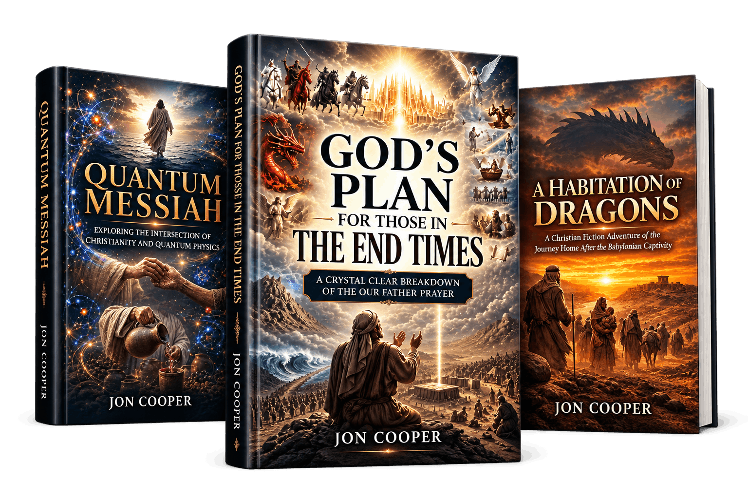 Three books by Jon Cooper about biblical prophecy and end times; titles include 'Quantum Messiah,' 'God's Plan for Those in the End Times,' and 'A Habitation of Dragons'; each book cover features religious and fantastical imagery with clouds, mountains, and dragons.