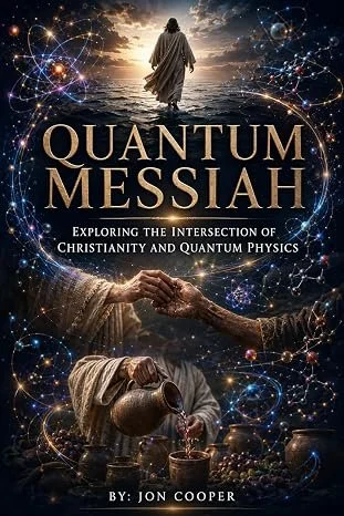 Book cover titled 'Quantum Messiah: Exploring the intersection of Christianity and quantum physics' by Jon Cooper, featuring a person in robes walking toward a sunset over water, with interconnected cosmic and scientific imagery and a handshake with an ancient figure pouring a drink.