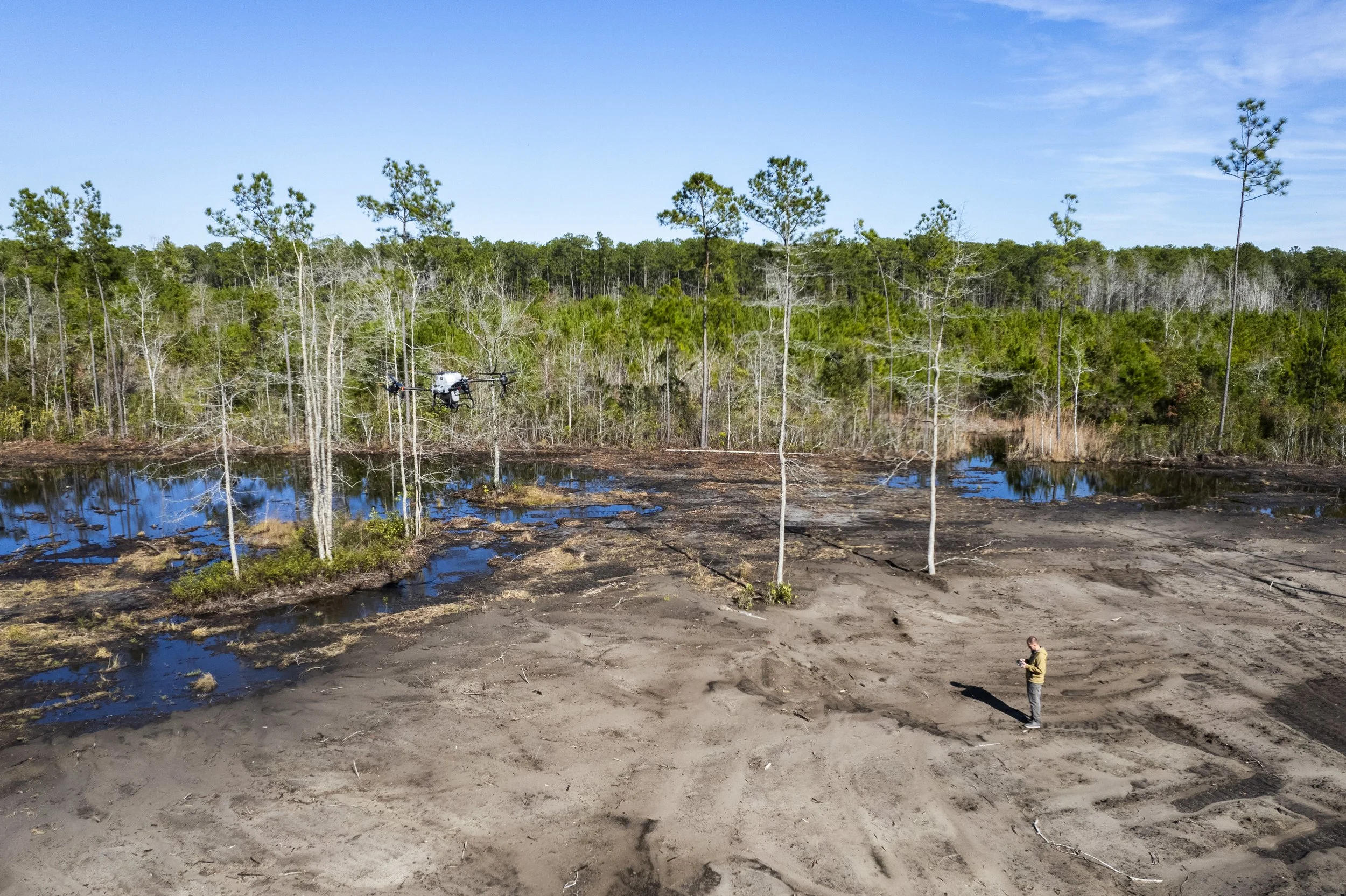 A man in yellow jacket flying a drone over a muddy, swampy area with water, surrounded by dense trees and a clear blue sky.