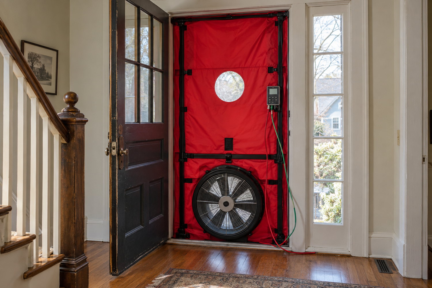Illustrative blower door test in a residential entry