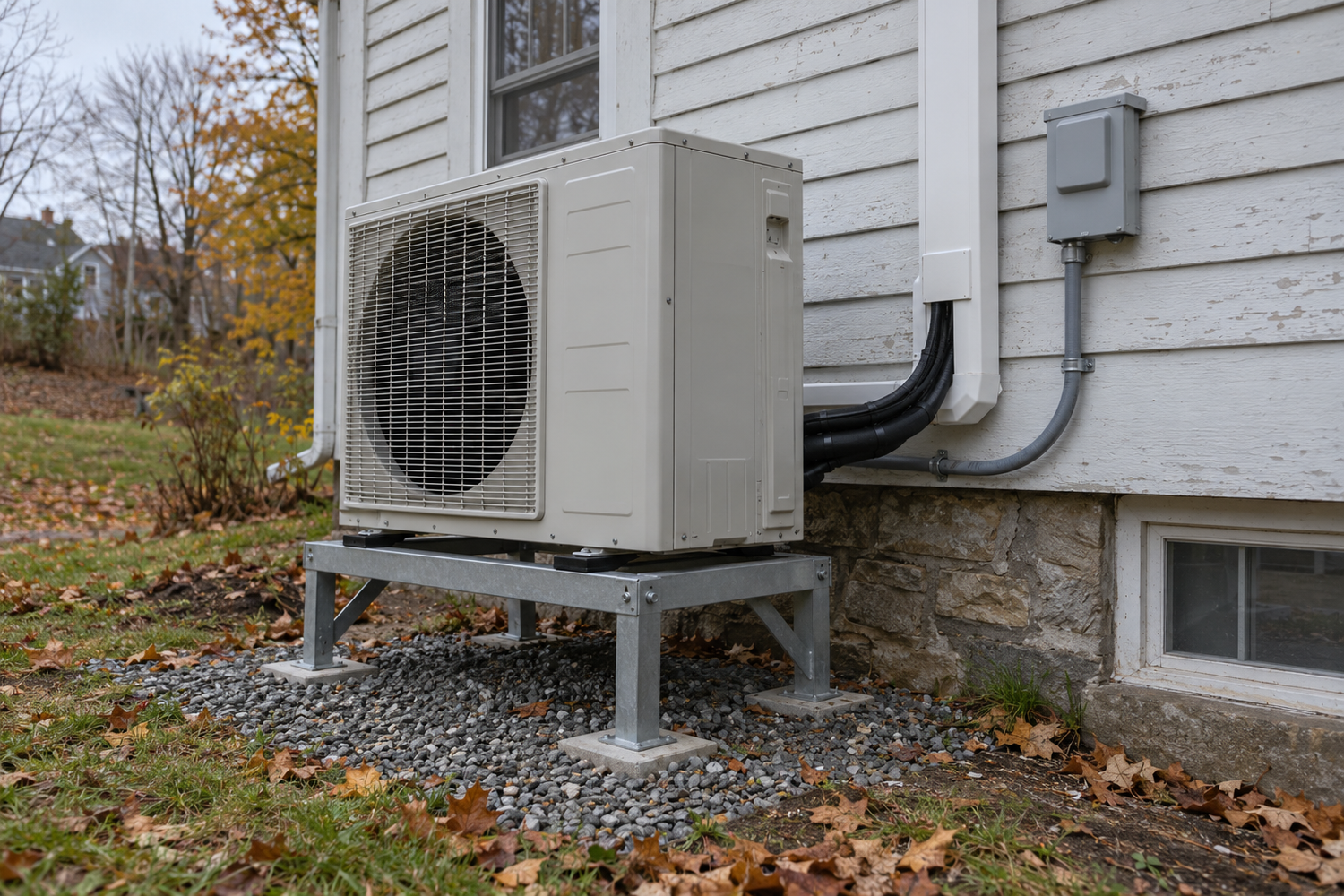 Illustrative outdoor heat pump with protected piping beside a Northeast home