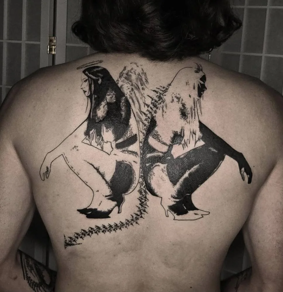 Back Tattoo - Twin Angel + Devil High Contrast Blackwork