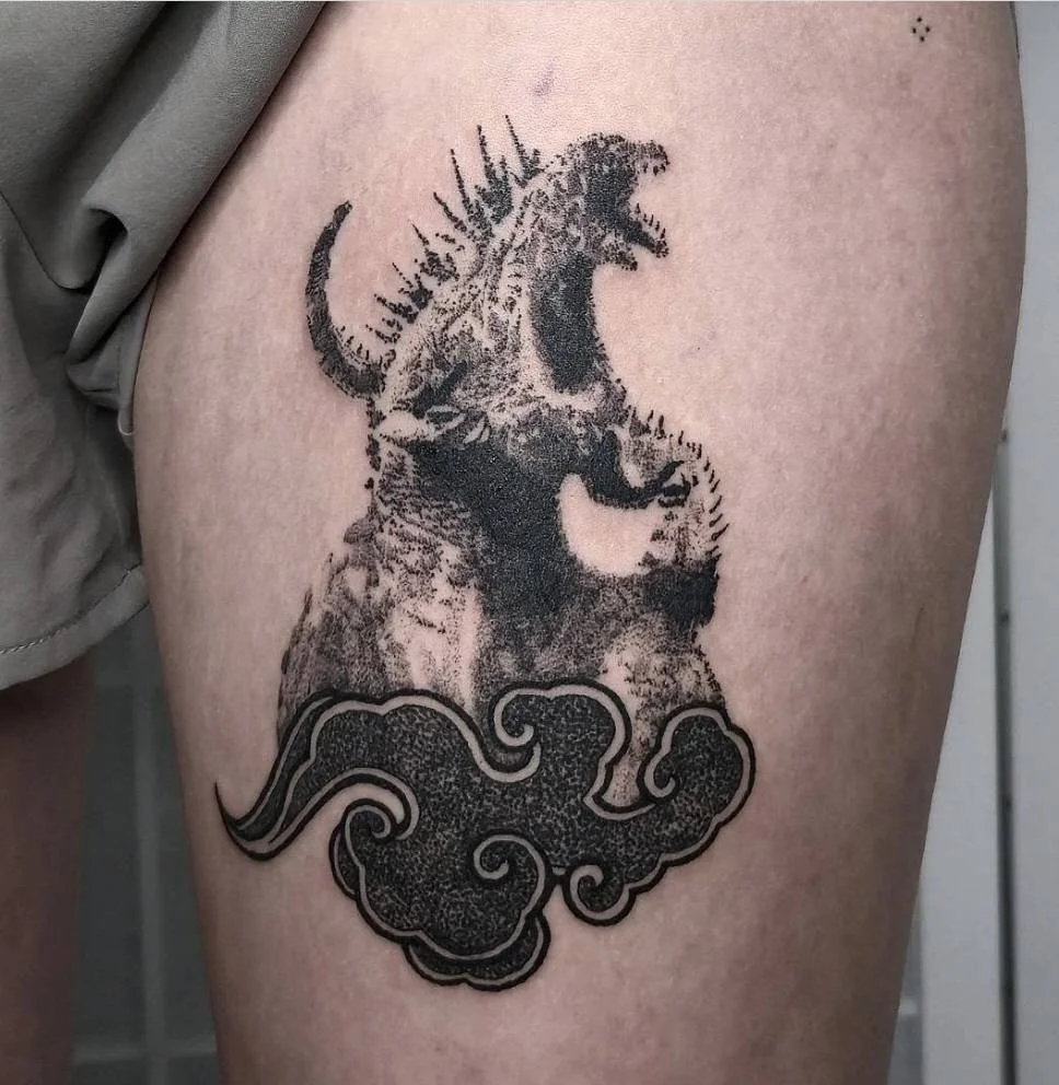 Thigh Tattoo - High Contrast Godzilla