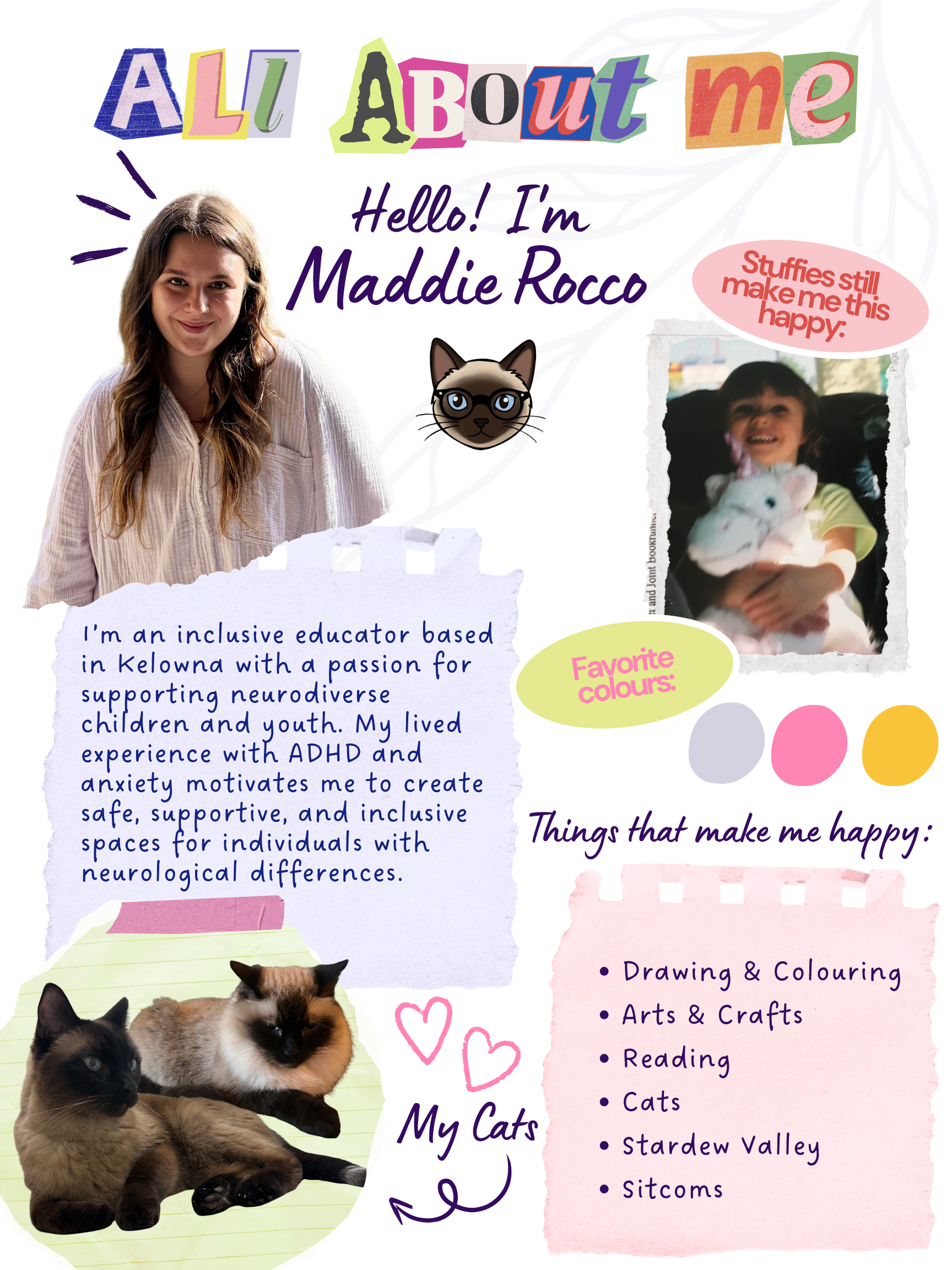 A colorful collage introduction page featuring a welcoming message from Maddie Rocco, an inclusive educator from Kelowna. It includes photos of Maddie smiling, a cartoon cat face with glasses, a photo of a young girl holding a plush unicorn, illustrations of cats, hearts, and circles, and sections listing her favorite activities and things that make her happy.