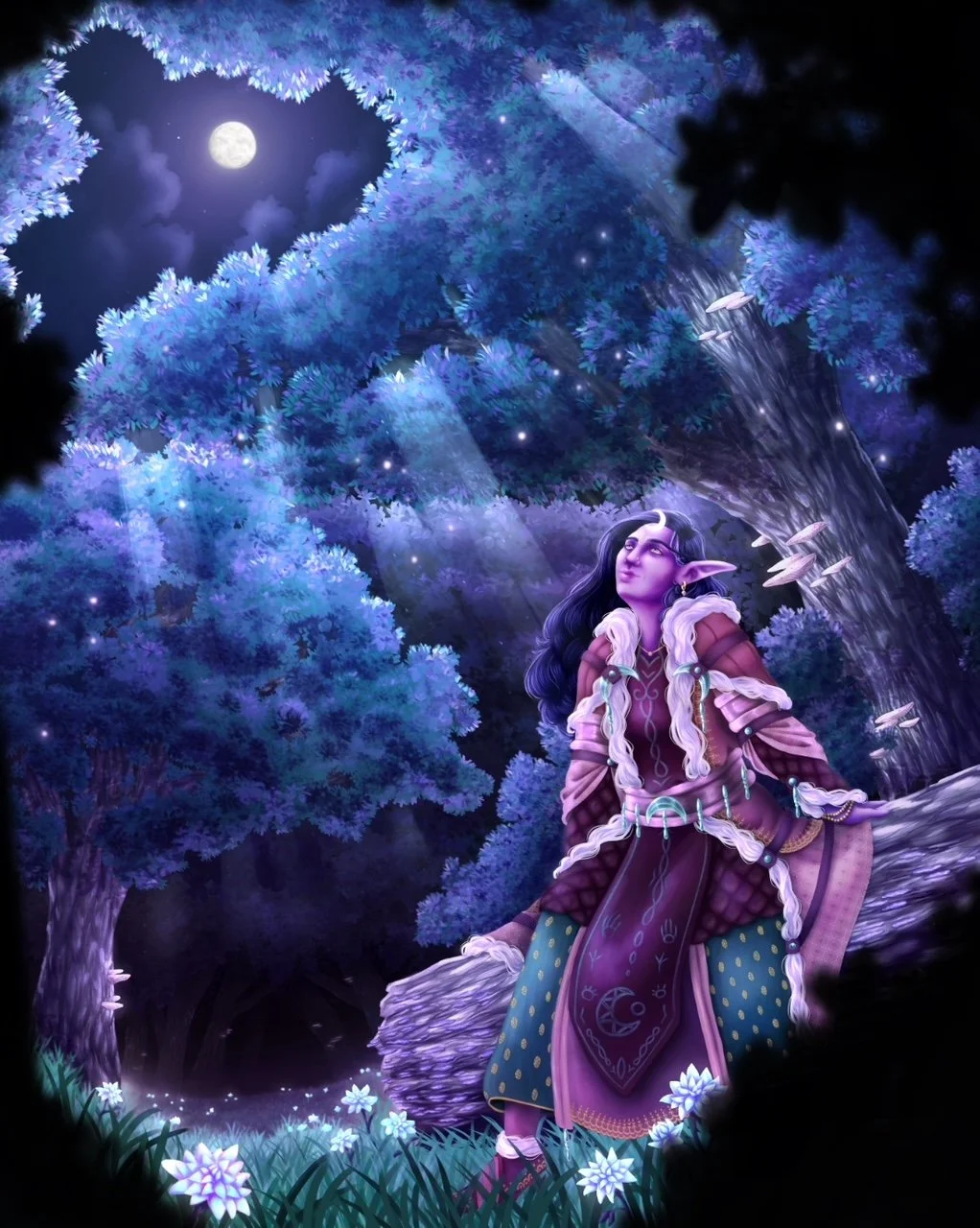 An elf woman sitting on a log in a mystical forest at night under a full moon, illuminated by moonlight and glowing fireflies, surrounded by large blue-purple trees and flowers.