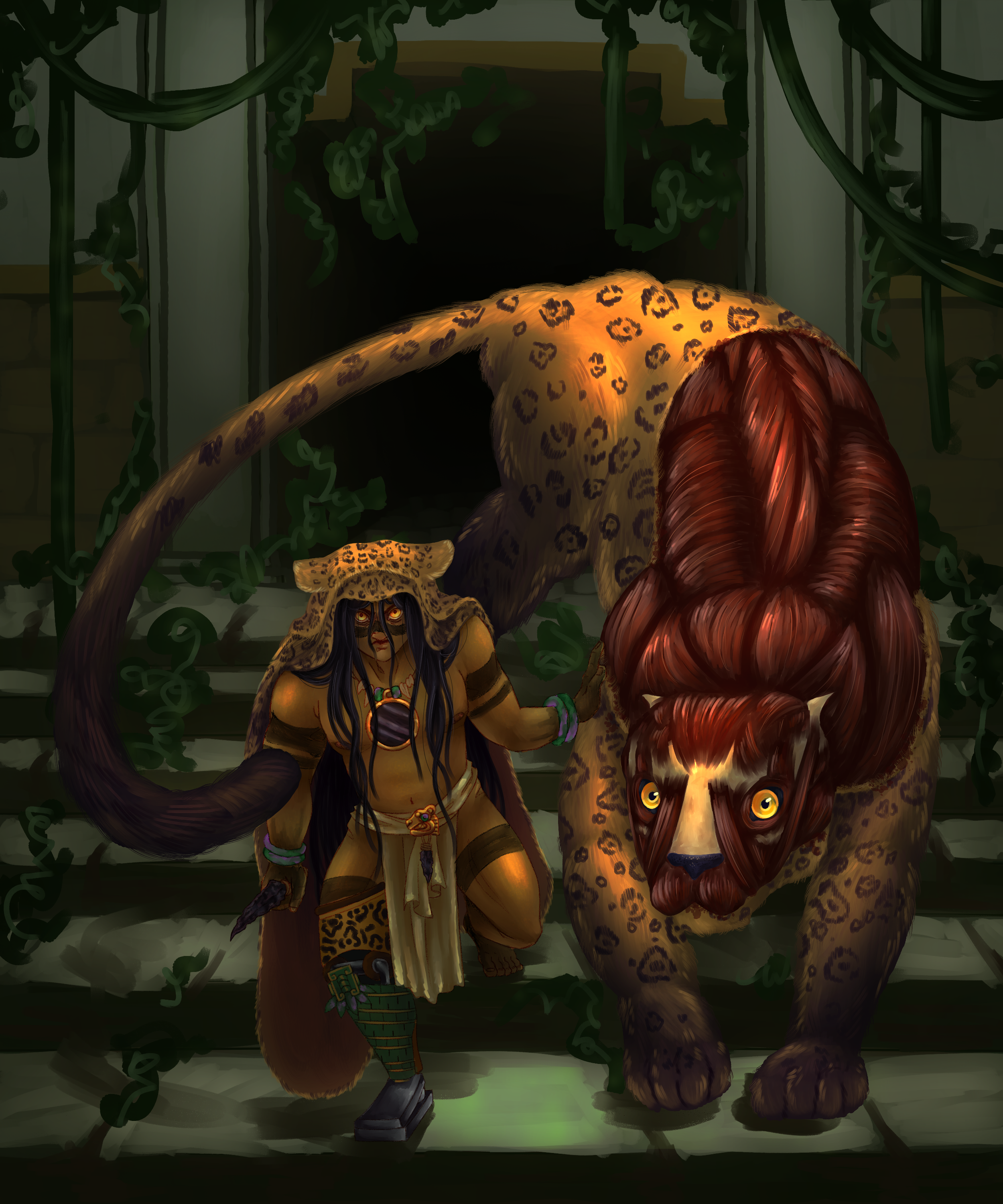 A stalker of the dark jungle and his loyal cat.