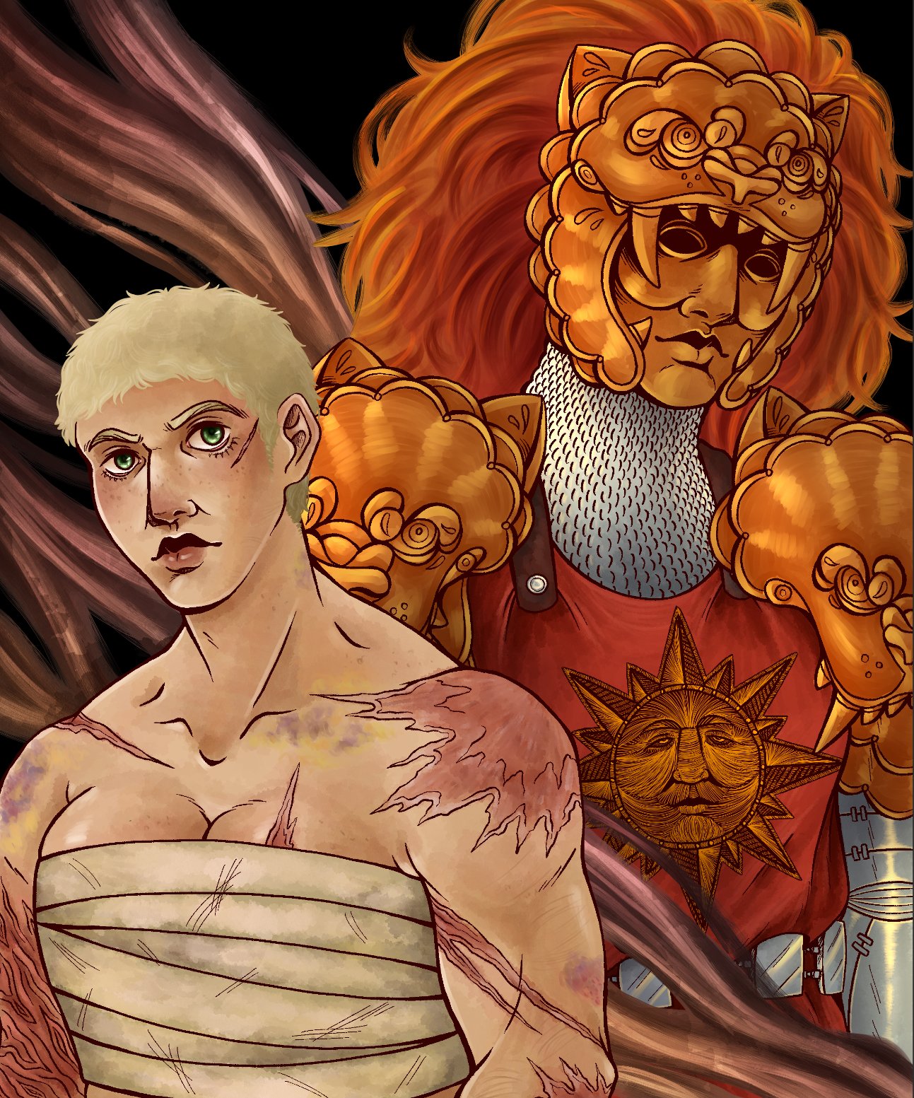 The first drawing of Ushka, with and without her armor. 