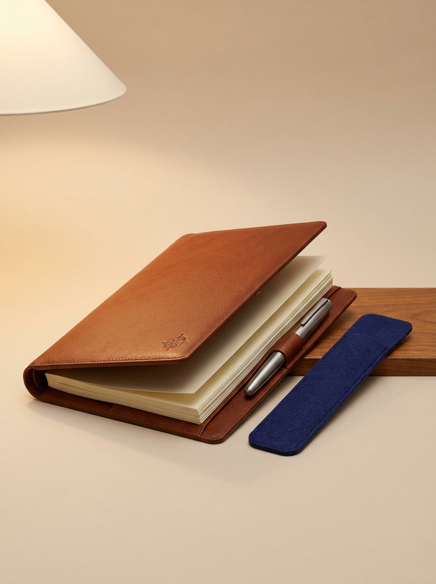 A brown leather planner or notebook with pages inside, a silver pen in a matching leather holder, a blue felt pen sleeve, all arranged on a white surface with a wooden block and a white lamp in the background.