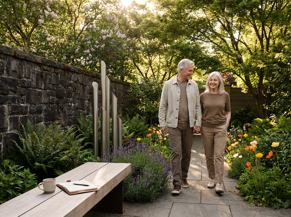 An elderly couple walking and talking in a lush garden with trees, flowers, and a stone pathway during sunlight.