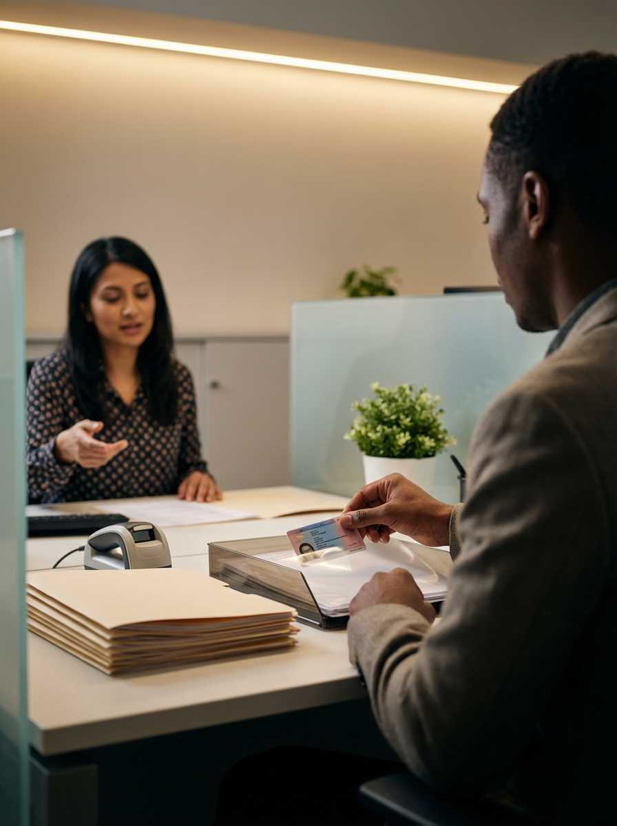 A man and woman in an office engaged in a transaction with the man holding a credit card and the woman explaining something.