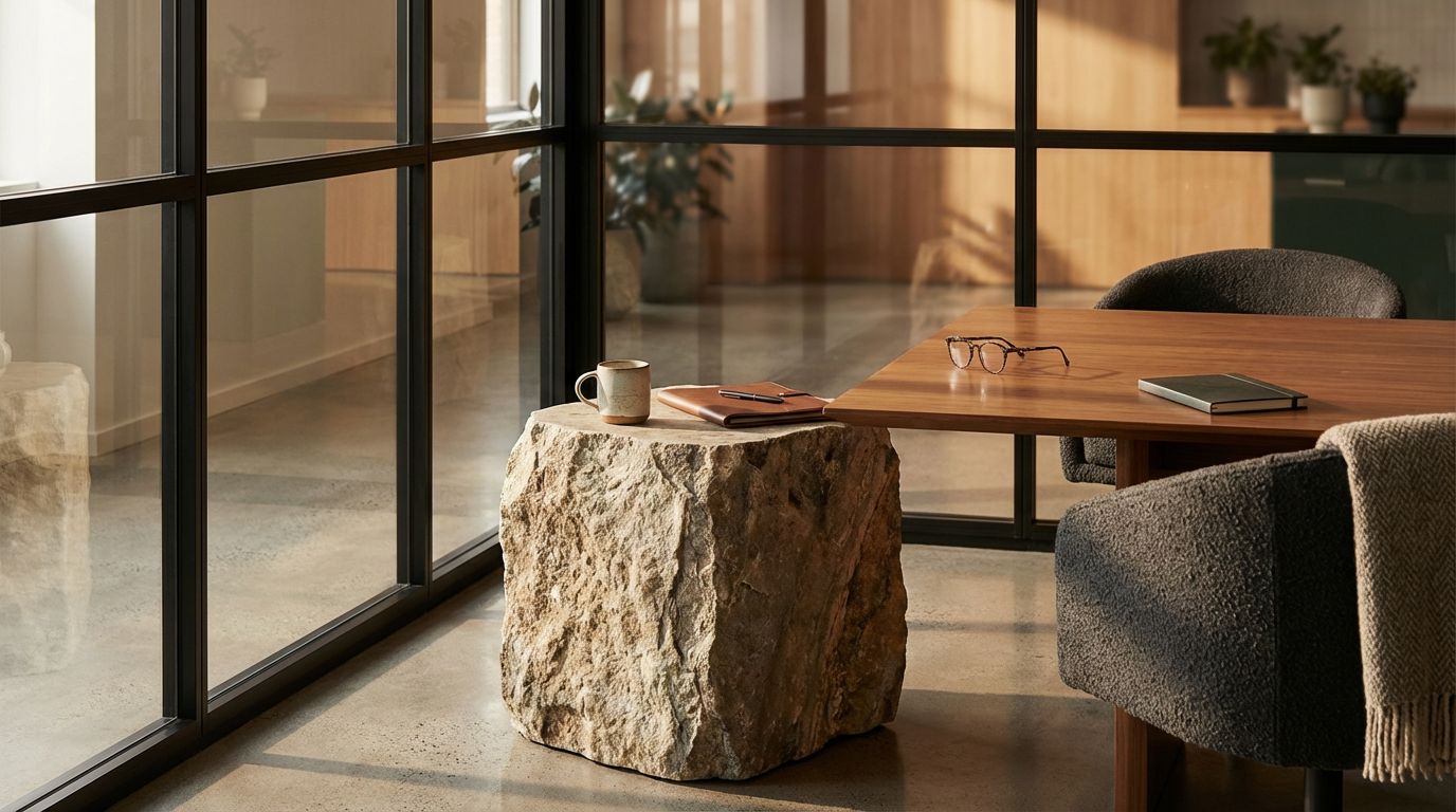 Modern office space with a glass wall, a wooden desk, and two gray chairs. On the desk are glasses, a notebook, and a coat. Beside the desk is a large rock used as a side table, holding a coffee mug and a notebook. There are potted plants in the background.