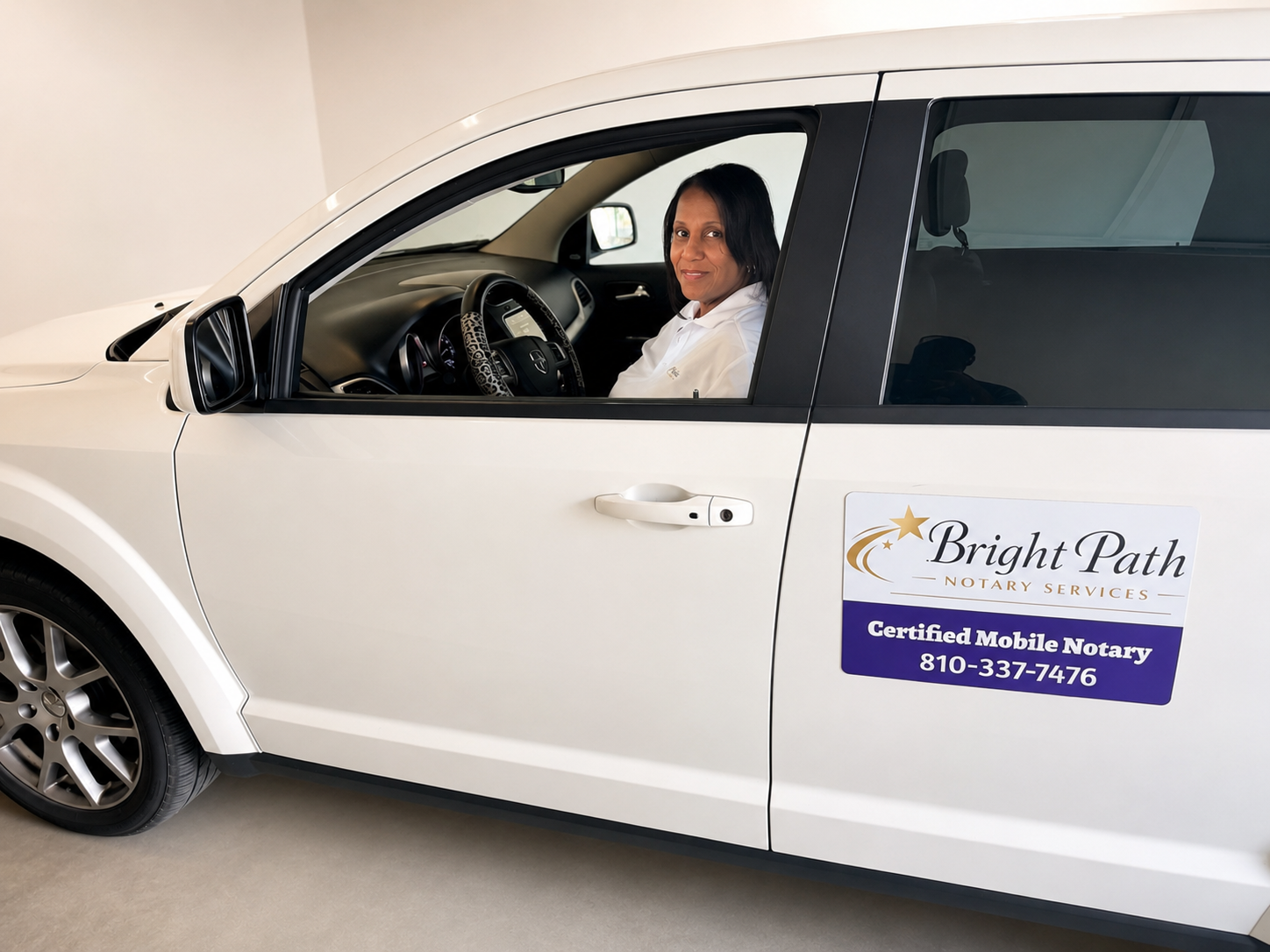 "Bright Path Notary Services mobile notary vehicle serving Flint, Grand Blanc, and surrounding Genesee County communities."