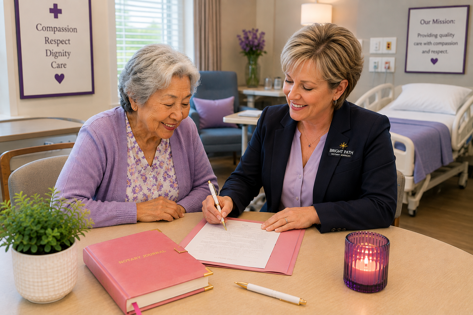 A caregiver and an elderly woman sitting at a table in a care facility, signing a document together with a pen.