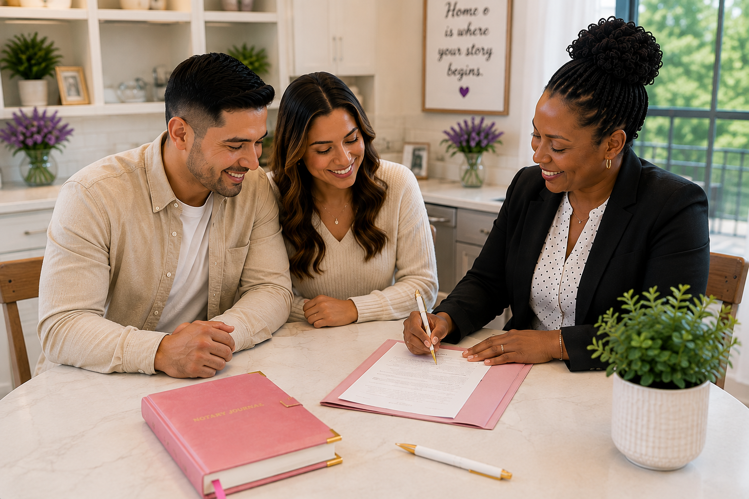 A couple and a woman sitting at a marble kitchen table signing a document, with notebooks and pens nearby, and potted plants and purple flowers in the background.