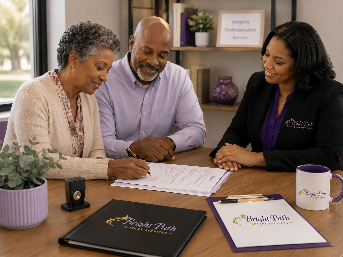 An elderly woman is signing a document with a pen while a man and a woman look on. They are seated at a wooden table with a folder, clipboard, mug, and small plant. The woman and the woman on the right wear jackets with 'Bright Path Notary Services' logos, and the background features a bookshelf and framed sign with values.