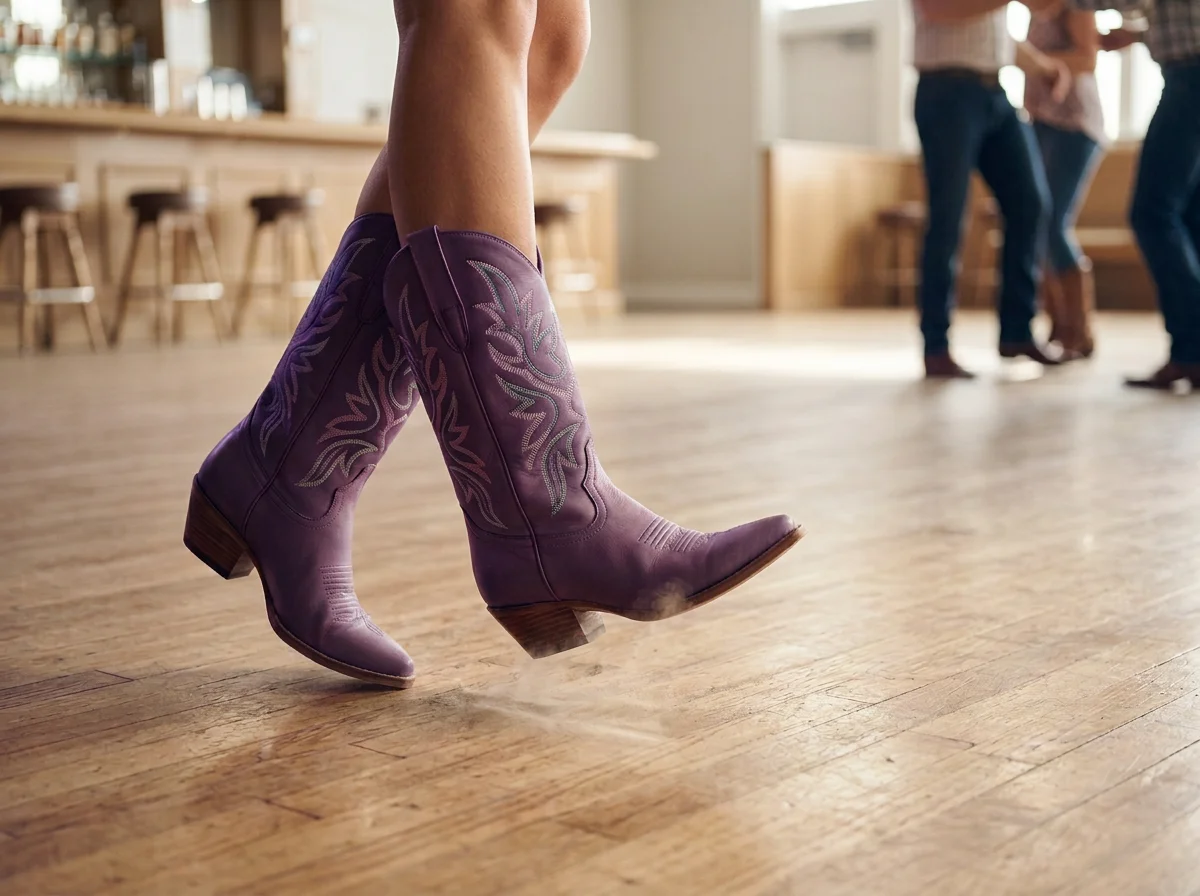 Purple cowboy boots dancing on wooden floor in a bar or dance hall with other people in the background.