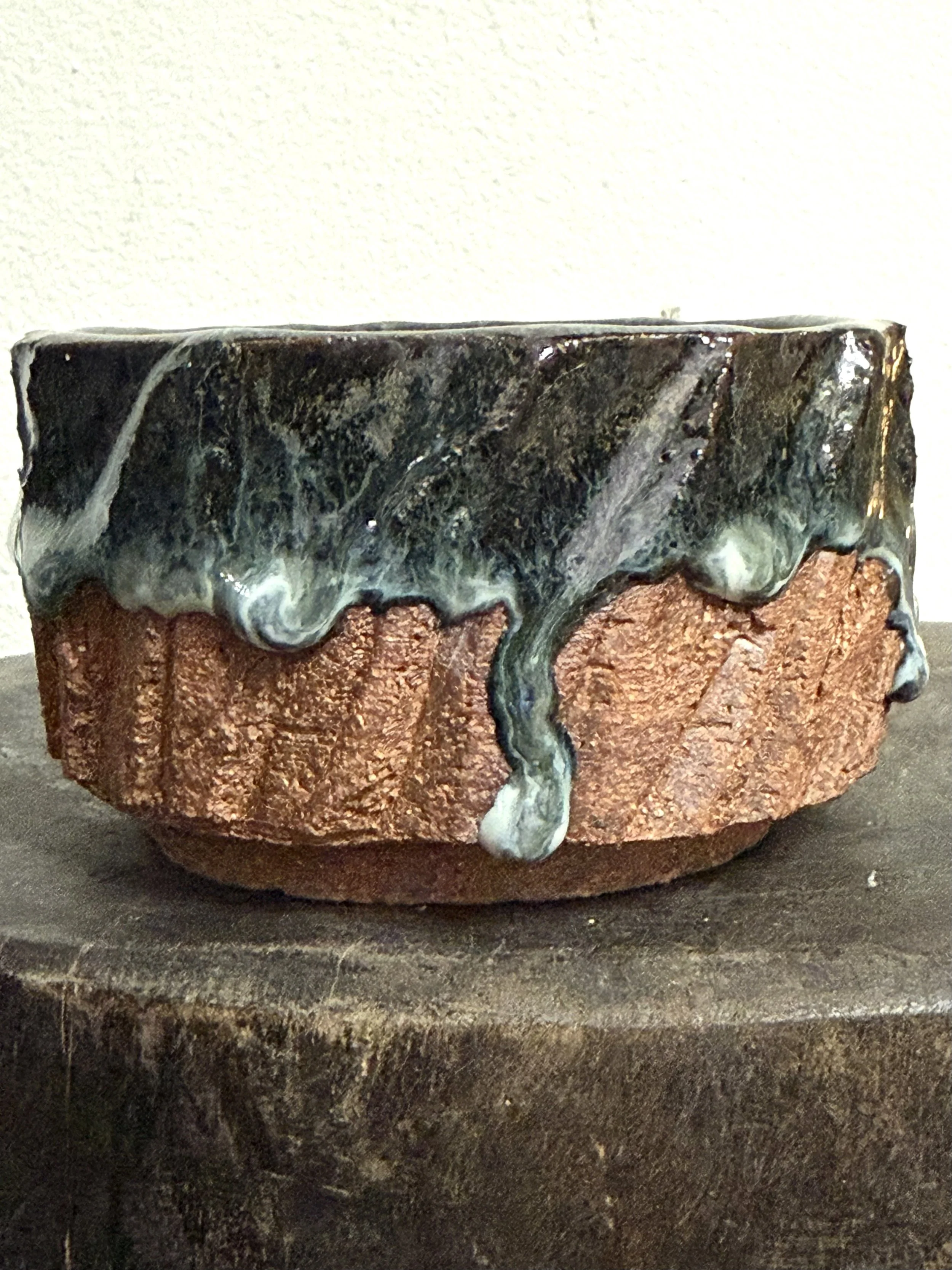 faceted bowl with cascading glaze drips 006