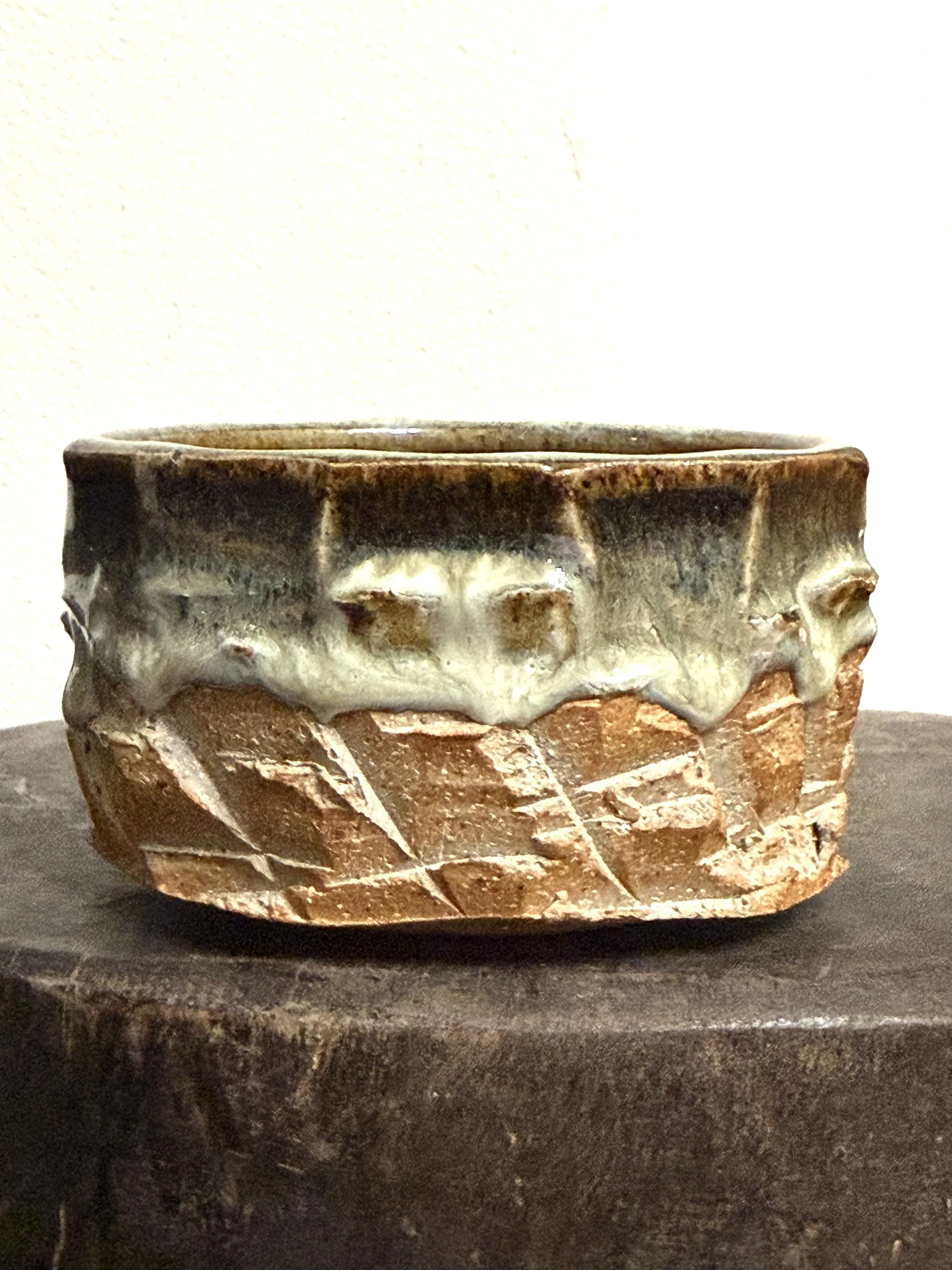 faceted bowl with cascading glaze drips 010