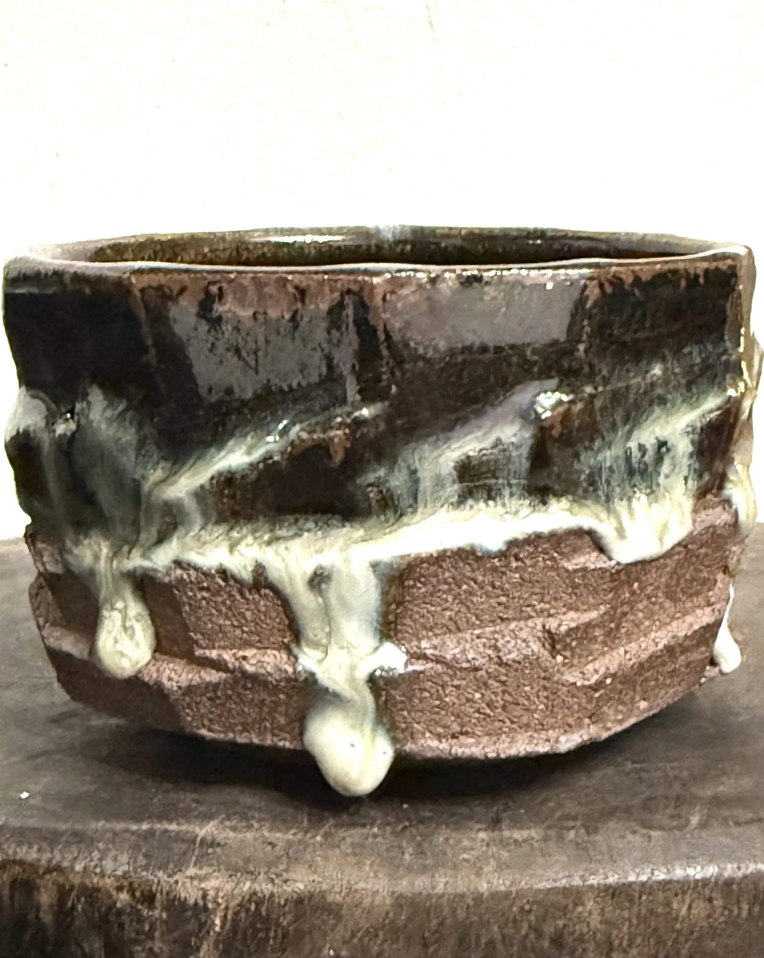 faceted bowl with cascading glaze drips 003