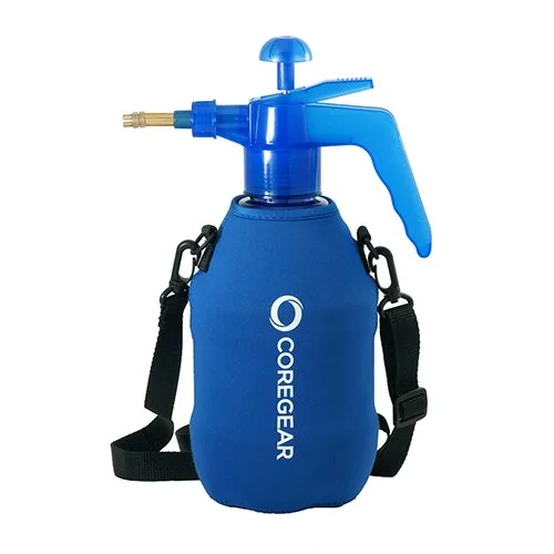 CoreGear Ultra Cool XLS blue 1.5-liter personal pump mister in a neoprene sleeve with integrated carrying strap.