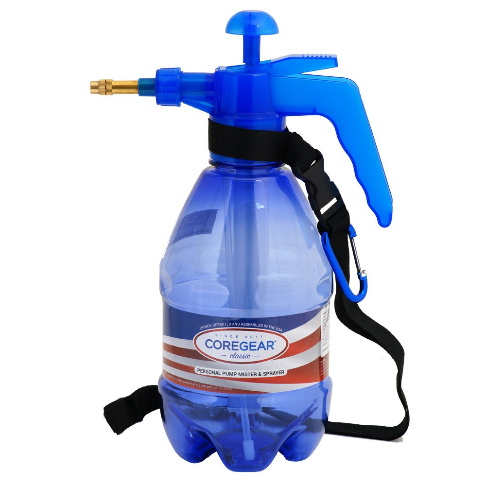 CoreGear Classic blue 1.5-liter personal pump mister with lanyard and bag/belt clip.