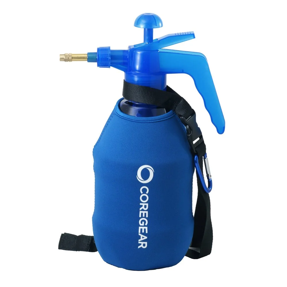 CoreGear Ultra Cool XL blue 1.5-liter personal pump mister in a zippered neoprene sleeve with lanyard.