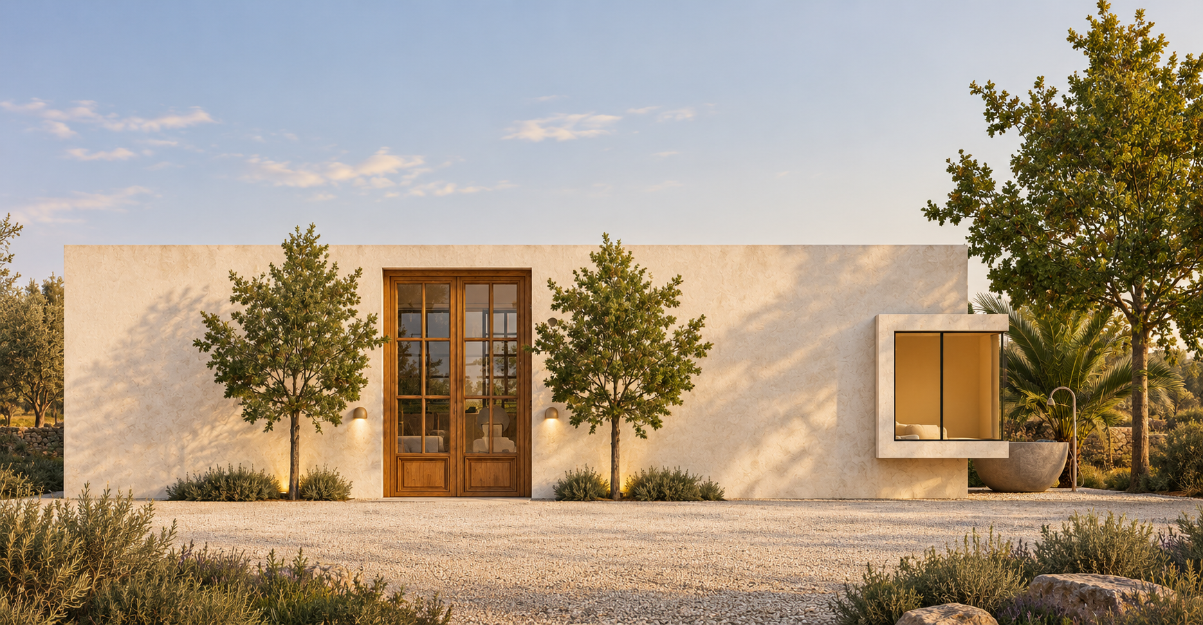 Modern minimalist house with white textured walls, tall wooden framed glass door, large window with beige interior, surrounded by small trees and desert vegetation, under a clear blue sky.