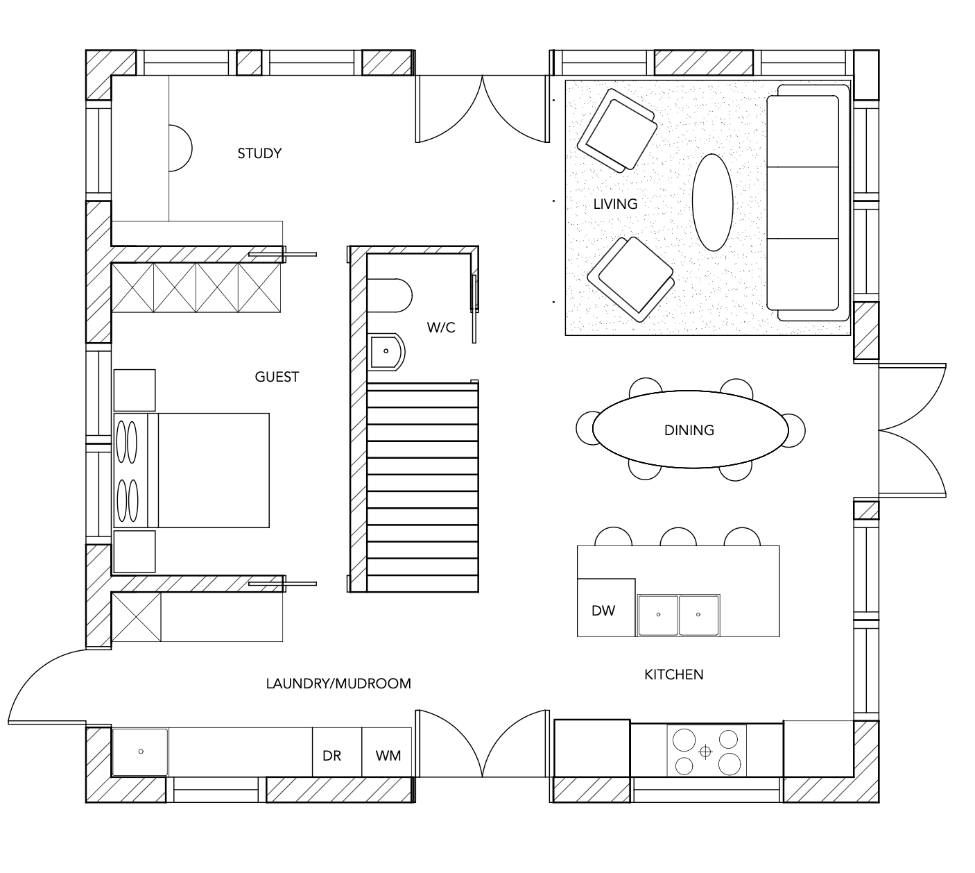 Floor plan of a house showing rooms labeled as study, living, guest, dining, kitchen, laundry/mudroom, and W/C with furniture layout and doors.