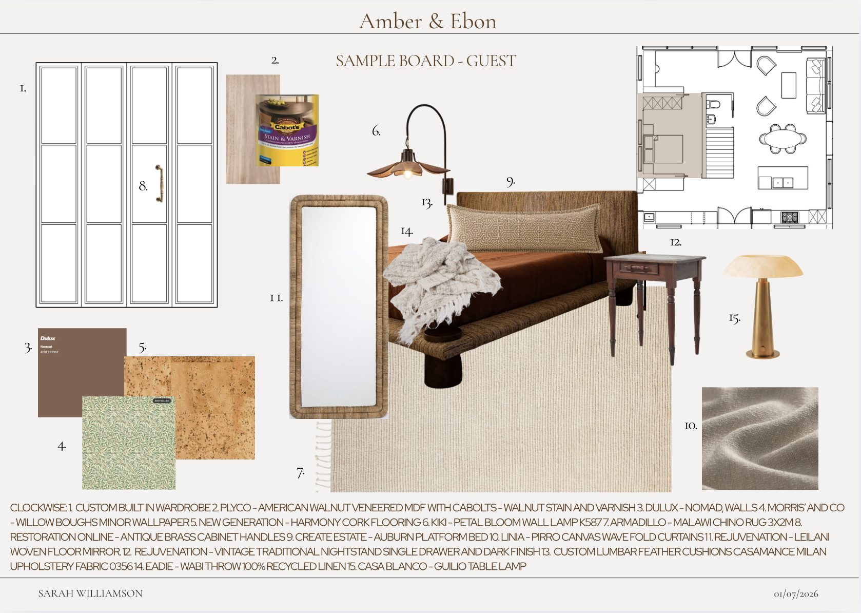An interior design mood board for Amber and Ebon, featuring furniture, paint swatches, fabric, and decor items, including a wardrobe, paint sample, wallpaper, a mirror, a pendant light, pillows, a nightstand, a wall lamp, a floor mirror, curtains, a textured linen swatch, and a table lamp. Floor plan of a living space is also included.
