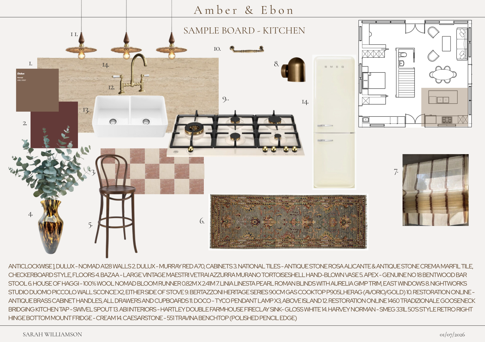 Sample kitchen design board featuring a beige and antique stone color scheme with a layout of the room, a beige refrigerator, vintage kitchen elements, a plaid curtain, a patterned rug, a decorative vase with eucalyptus, a bar stool, linen window treatments, a gas cooktop, a farmhouse kitchen sink, and a painted ceiling.
