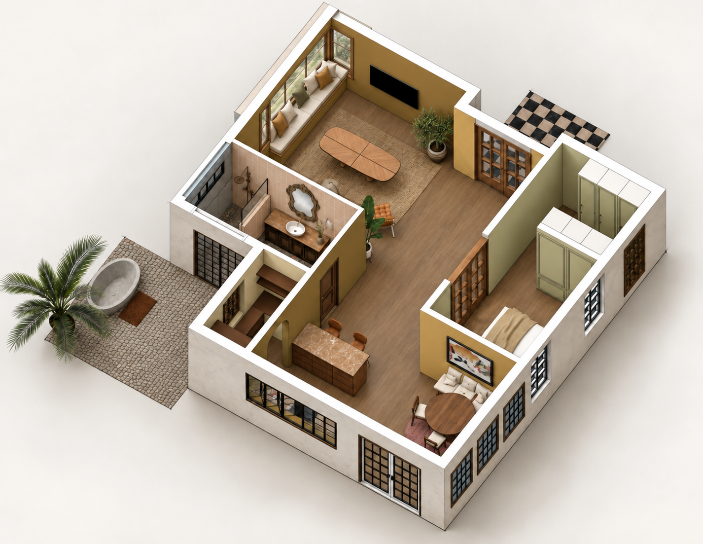 A detailed 3D floor plan of a house with multiple rooms including a living room, bedroom, bathroom with bathtub, kitchen, dining area, and outdoor patio with a palm tree.